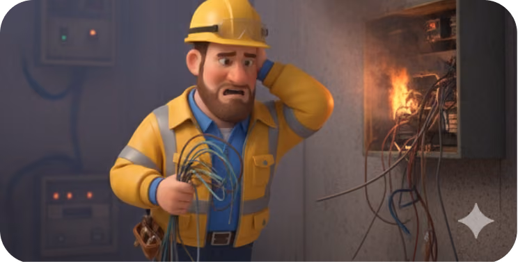 Electrician reacting to a wiring panel fire caused by poor wiring